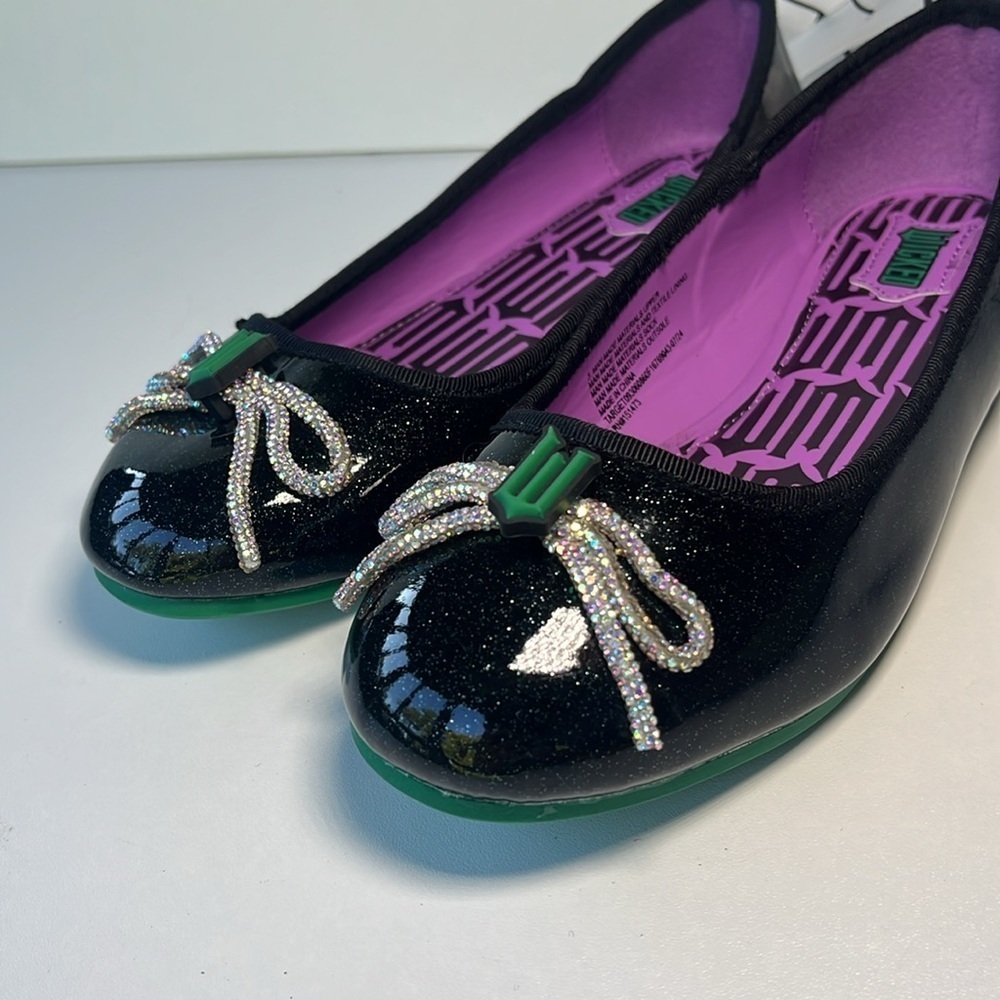 NEW 💜🖤💚Wicked Black + Purple Ballet Flats Girls Size 2 with faux diamond bow